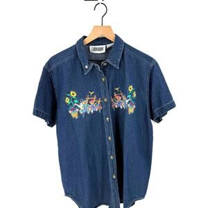 Vintage Lauren Brooke Denim Shirt Size L Embroidered Bears Cottagecore Sunflower